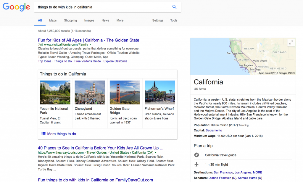 SEO Google Search for Things to Do in California
