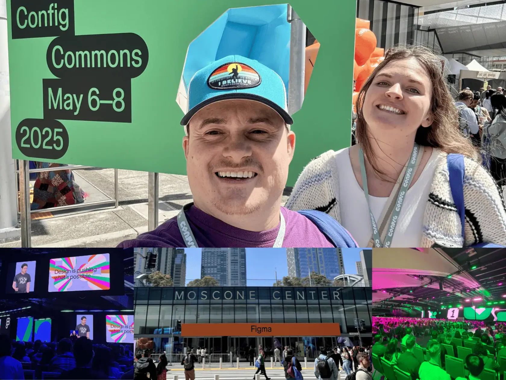 A collage of scenes from Figma Config 2025, featuring exterior views of the Moscone Center with large Figma branding, packed escalators and entry halls, focused attendees in sessions, a slide highlighting growth design keywords, a wall with “DX was here” written in marker, and a stage projection reading “I’m not a designer, but…”.
