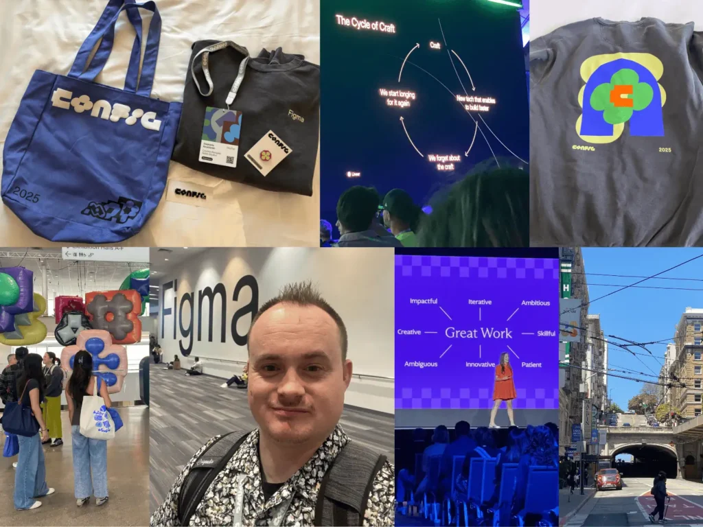 Noble Studios team members smiling in front of a Config Commons sign, Config stage views with speakers and colorful lighting, a crowd gathered at the Moscone Center, and keynote visuals featuring vibrant colors and messaging like “Design is pushing what’s possible”.