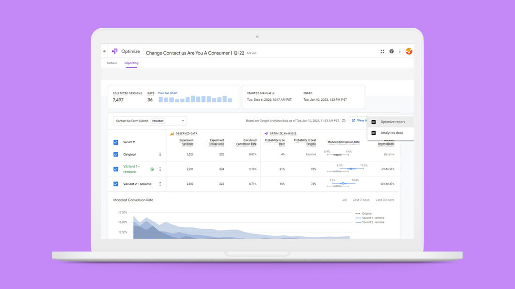 Google Optimize Dashboard