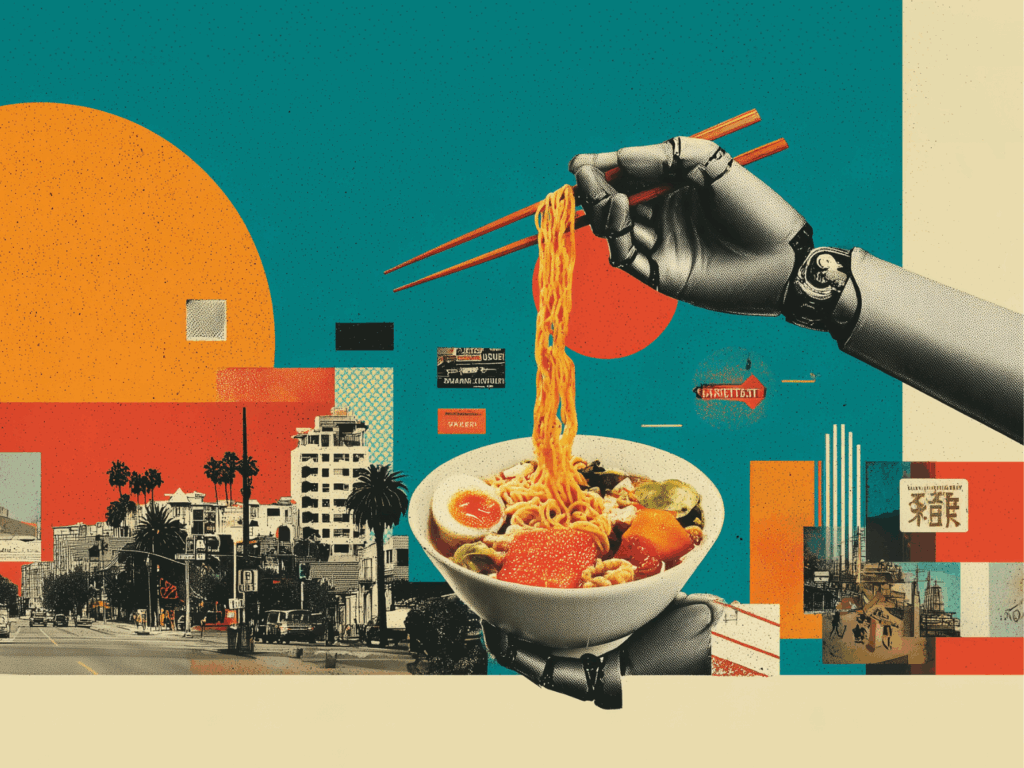 Dada-style collage of a robotic hand holding chopsticks over a steaming bowl of ramen, set against a surreal cityscape with geometric shapes, symbolizing AI companions meeting human taste.