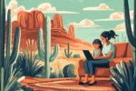 Illustration of a mother and daughter using a laptop for travel planning, with Sedona's red rock formations visible through a window, representing AI-assisted destination discovery.