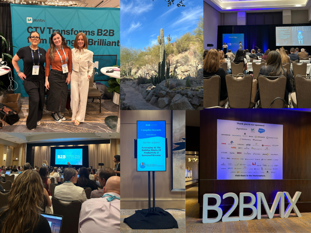 Collage showcasing the 2025 B2B Marketing Exchange conference featuring keynote sessions, Scottsdale desert landscape, sponsor showcase, and networking opportunities