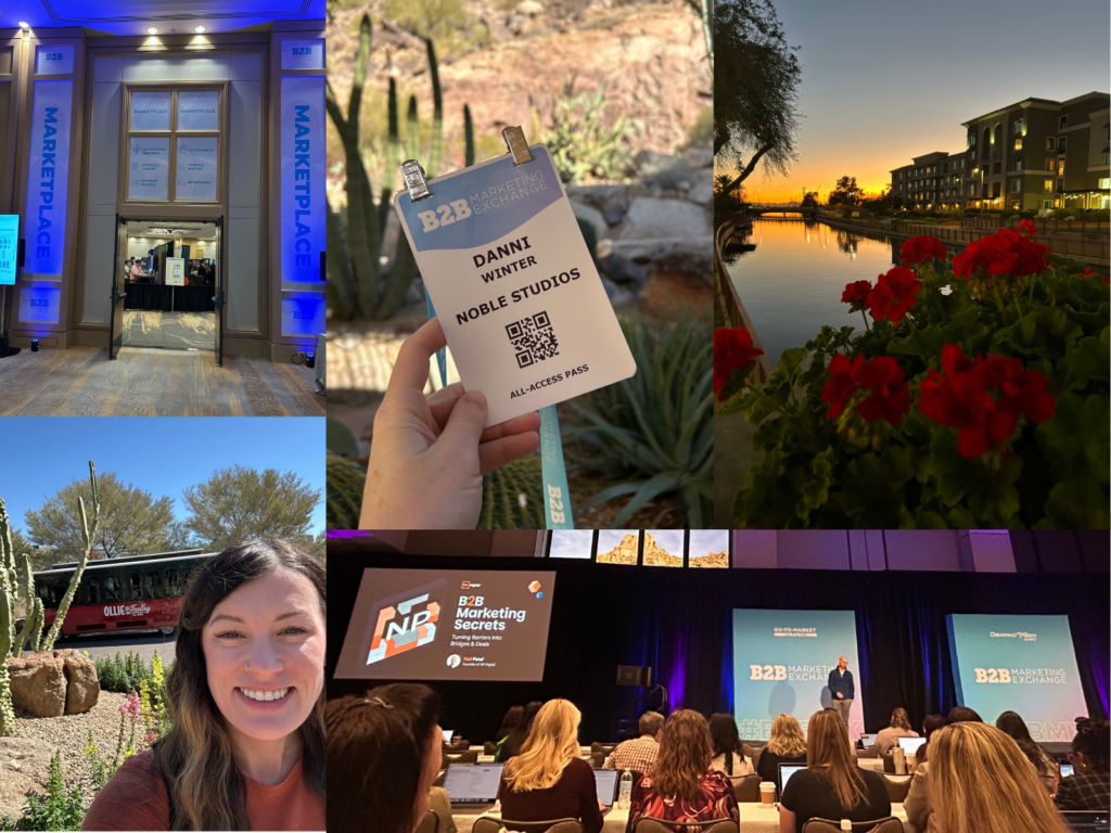 B2B Marketing Exchange 2025 features including the marketplace entrance, conference badge, sessions on marketing secrets, and The Phoenician resort sunset views