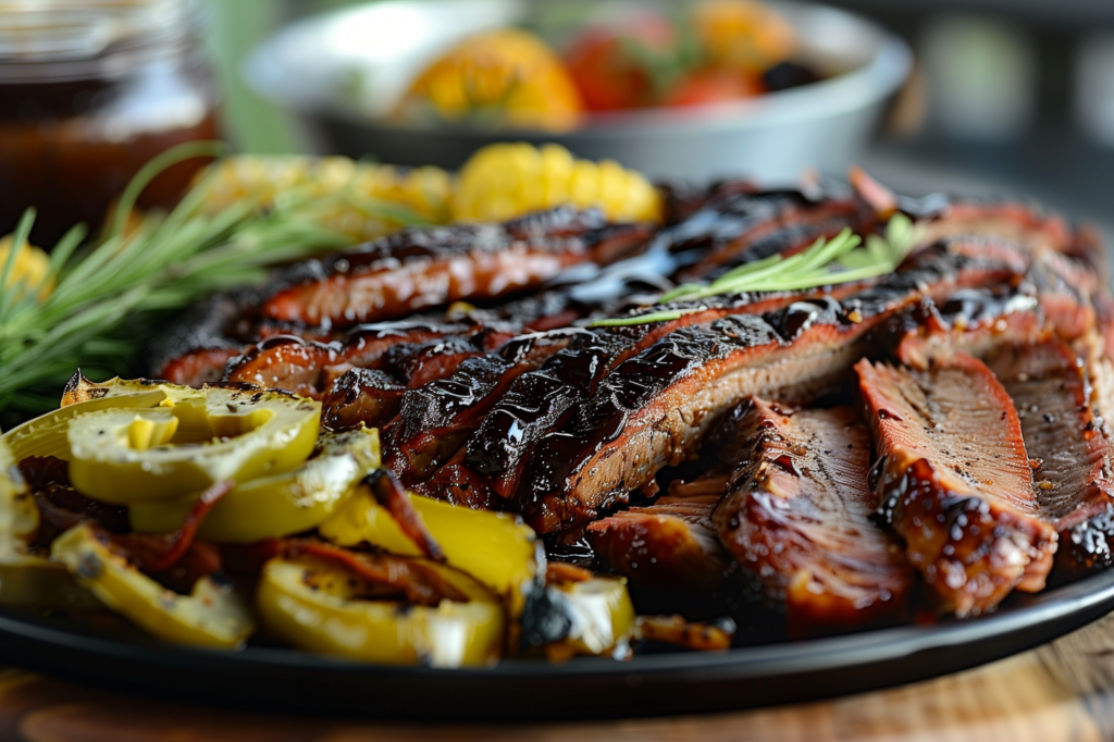 A perfectly cooked BBQ brisket, sliced and arranged on a plate with garnish, showcasing the tenderness and rich flavors.