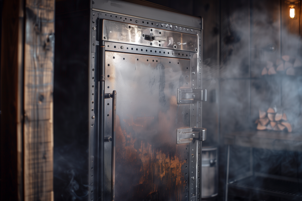 A close-up of a BBQ smoker door with smoke seeping out, representing the slow, detailed process of crafting a successful B2B web design.