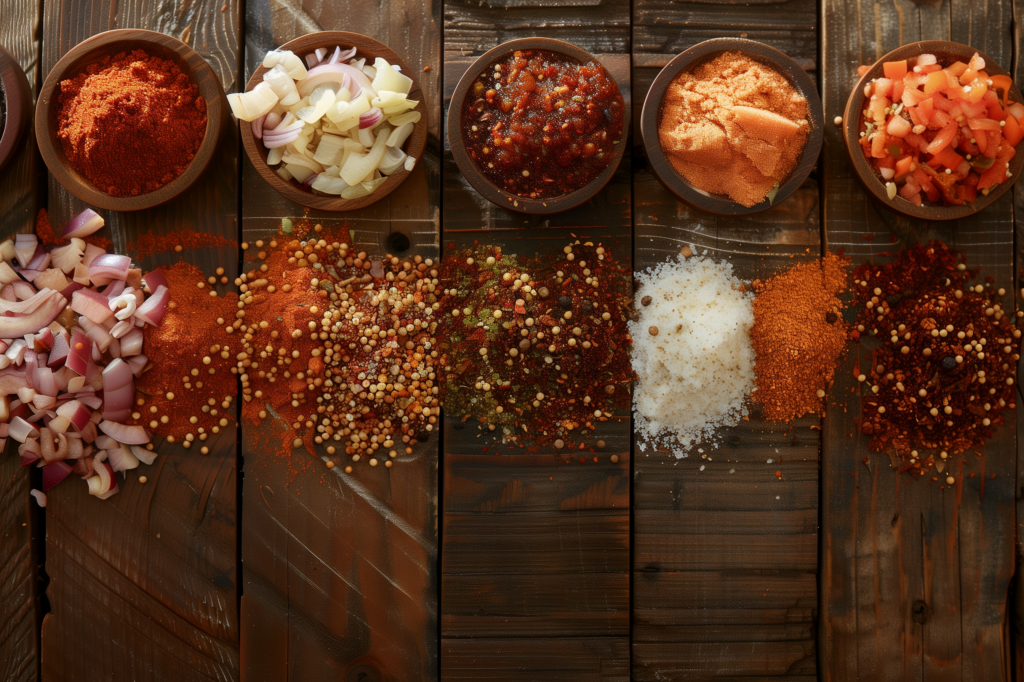 A flat lay of BBQ spices, each adding a unique flavor, representing the diverse skills and resources an in-house team can bring to a B2B web design project.