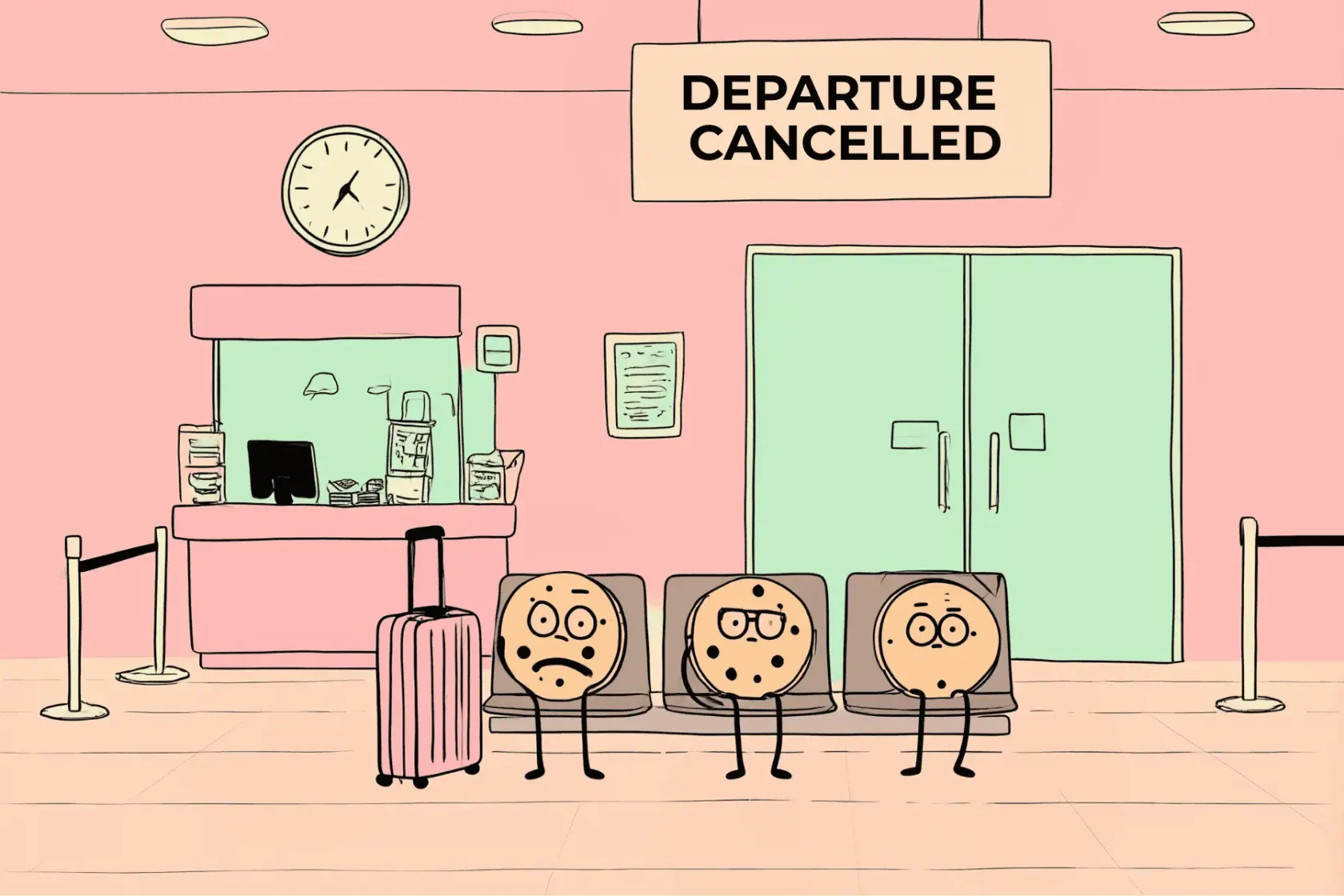 Cartoon illustration of three disappointed cookie characters sitting in an airport with a 'Departure Cancelled' sign, symbolizing Google's reversal on phasing out third-party cookies in Chrome. The cookies appear stranded as their expected removal has been indefinitely postponed.