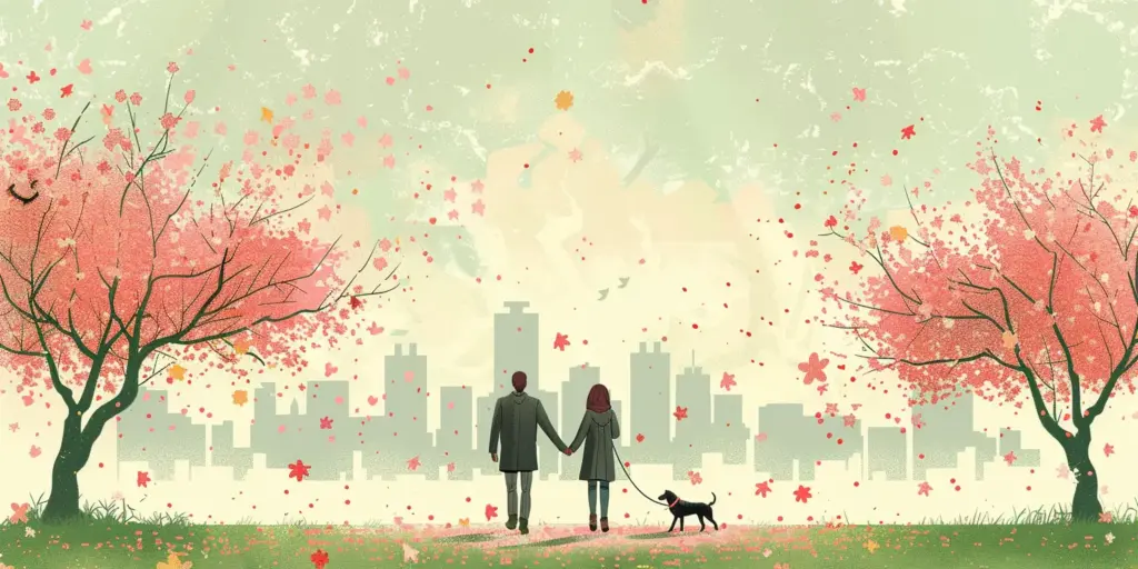 couple walking with a dog in a spring meadow with a cityscape background as visual representation of spring 2024 destination marketing strategies