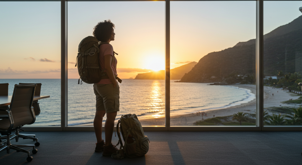 Traveler in a corporate conference room watching a peaceful beach sunset, symbolizing destination alignment and tourism branding