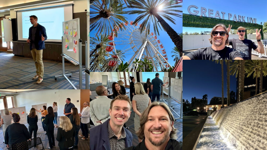 Collage showing Noble Studios team workshop sessions, Irvine's Giant Wheel at dusk with palm trees, team members at Great Park, and evening waterscape features in Irvine