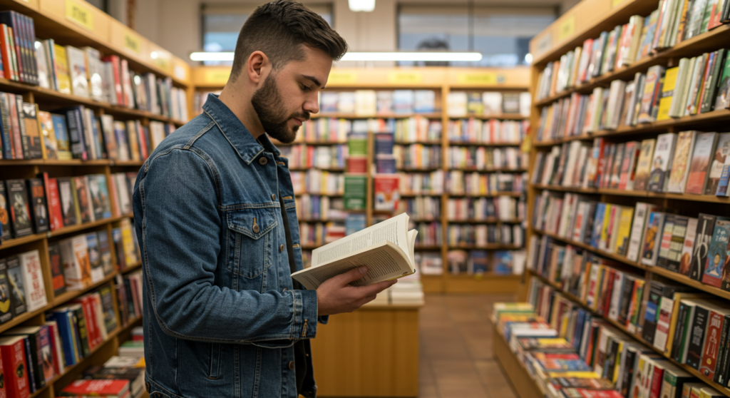 Person browsing bookshelves and pausing to read a book in a bookstore, capturing the essence of discovery and curiosity.