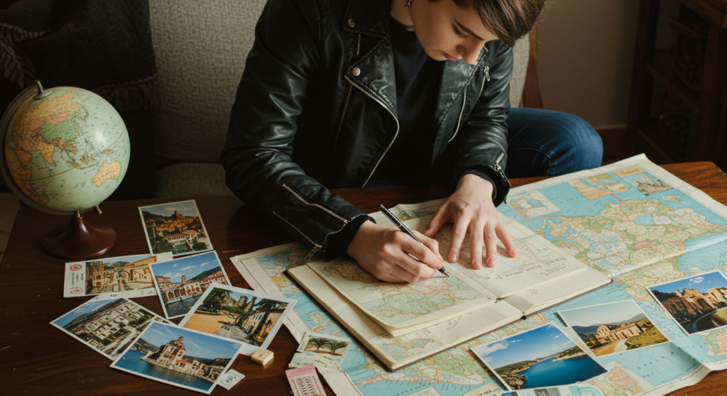 Person studying a map surrounded by postcards and travel materials, symbolizing the journey of discovery and exploration.