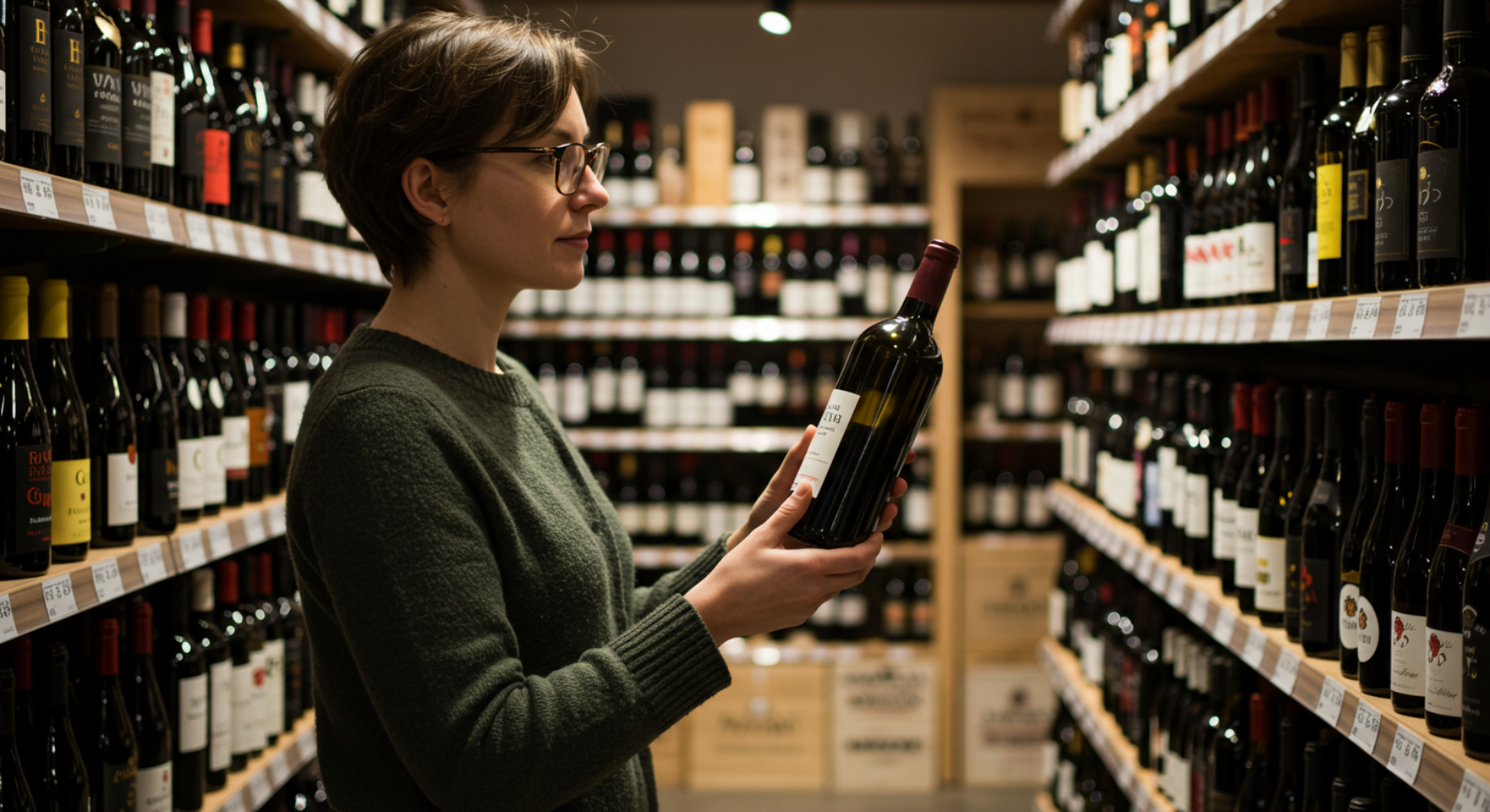 Person discovering a unique wine bottle in a cozy wine store aisle, symbolizing the serendipity of real-world exploration.