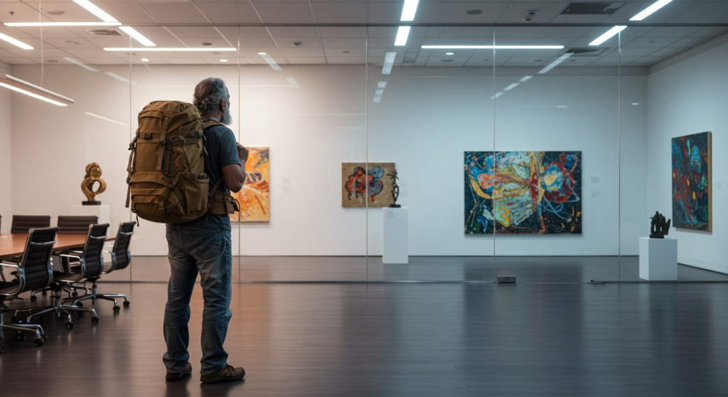 Man with a backpack in a conference room observing art exhibits, reflecting creativity and destination identity.