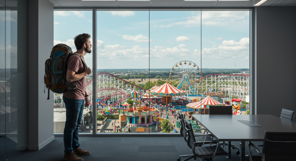 Man with a backpack standing in a modern office, looking out at an amusement park with roller coasters and Ferris wheels.