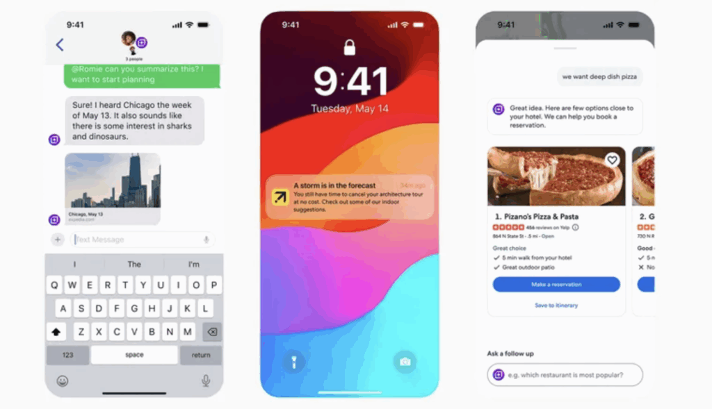 Product mockups of Expedia’s Romie AI assistant, showing group chat integration, weather alerts, and restaurant recommendations on a smartphone. Image source: Travel Weekly