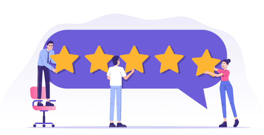 illustration of people next to a five star review to represent experience in E-E-A-T signals