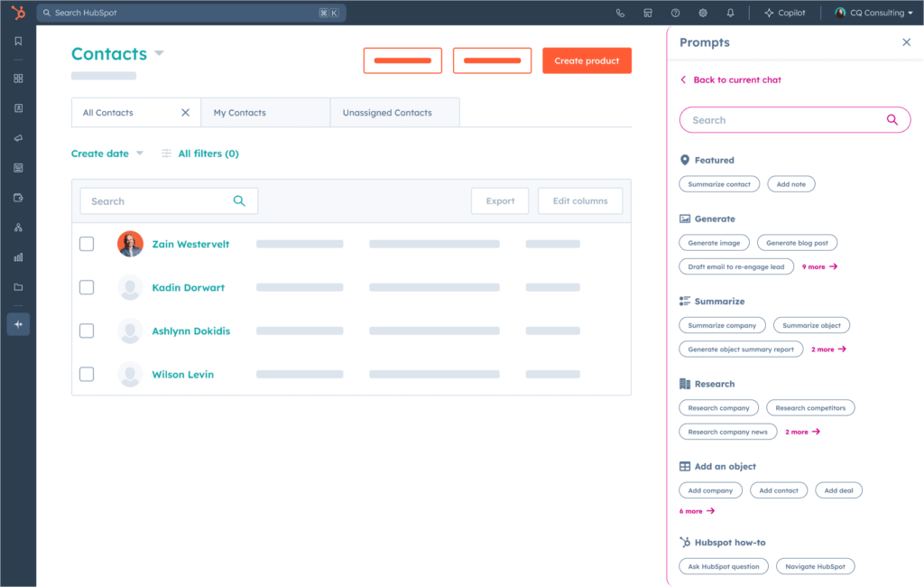 hubspot breeze copilot ai user interface