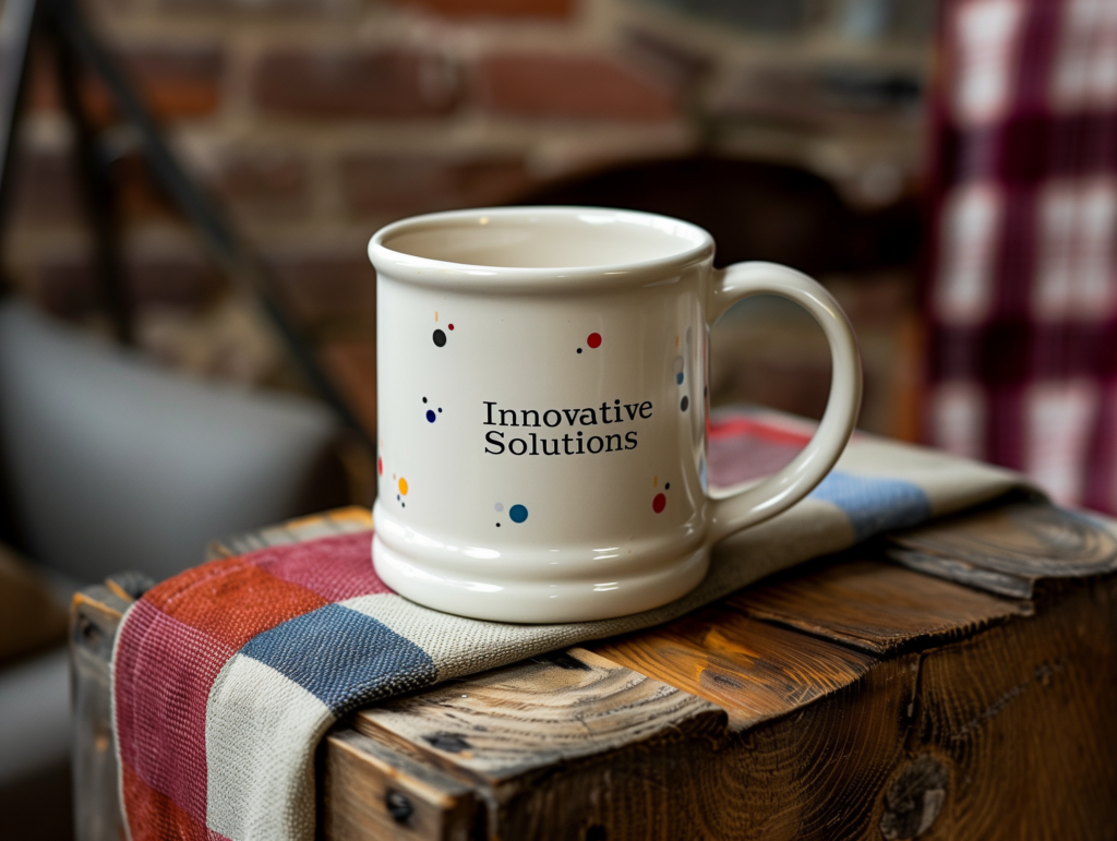 A diner-style coffee mug with the phrase “Innovative Solutions” and decorative dots, reflecting generic B2B marketing slogans.