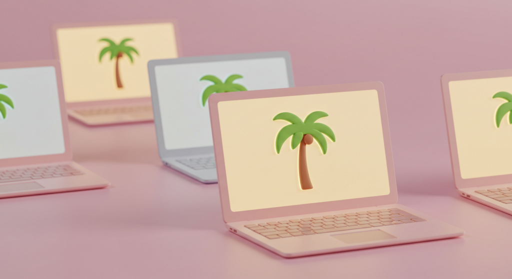 Palm tree icons displayed on pink laptops, illustrating interactive advertising in travel and tourism marketing.