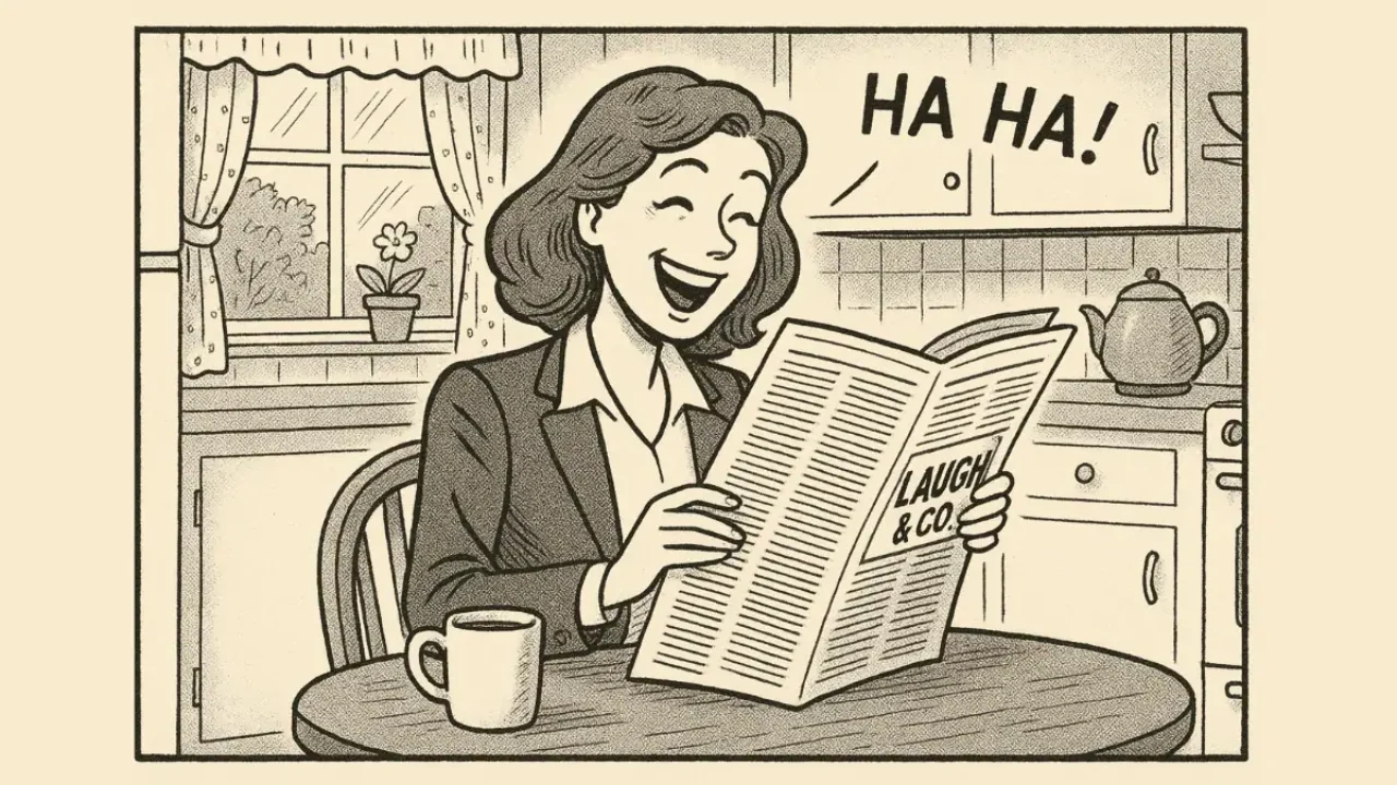 A cheerful woman with shoulder-length hair sits at a round kitchen table, laughing out loud while reading a newspaper titled “LAUGH & CO.” She wears a blazer and shirt, and there's a coffee mug in front of her. Behind her, a window with curtains shows trees and a flower pot, while a teapot rests on the kitchen counter. The word “HA HA!” appears above her, emphasizing her laughter.