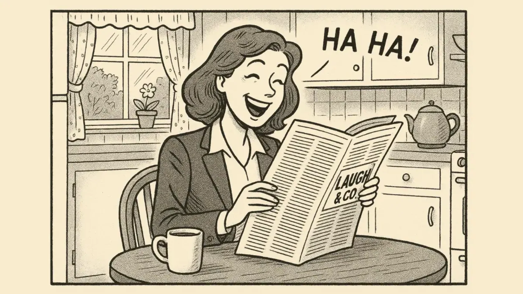 A cheerful woman with shoulder-length hair sits at a round kitchen table, laughing out loud while reading a newspaper titled “LAUGH & CO.” She wears a blazer and shirt, and there's a coffee mug in front of her. Behind her, a window with curtains shows trees and a flower pot, while a teapot rests on the kitchen counter. The word “HA HA!” appears above her, emphasizing her laughter.