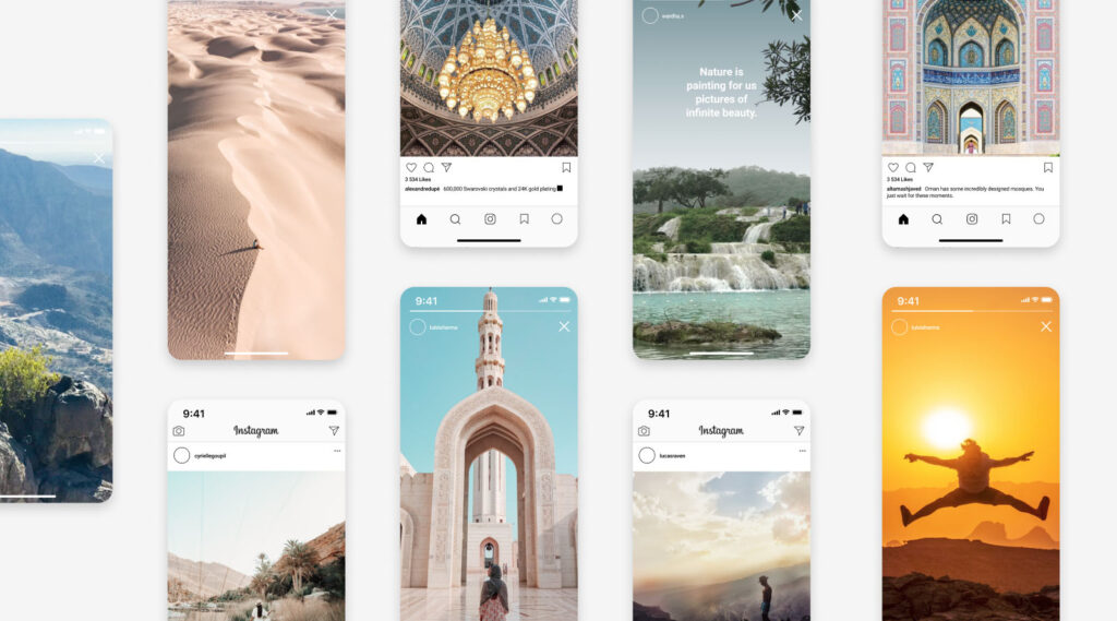 Examples of interactive advertising showcasing Oman‚Äôs travel destinations on mobile screens, highlighting user-generated content for tourism.