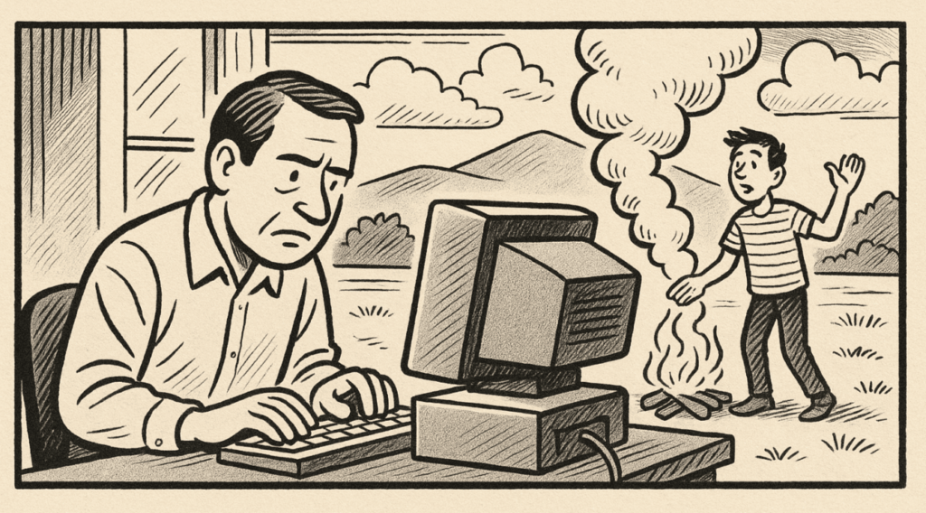 A black-and-white comic strip illustration showing a frustrated man typing on an old desktop computer at his desk, with a window behind him revealing a younger man outside waving and creating smoke signals from a campfire.