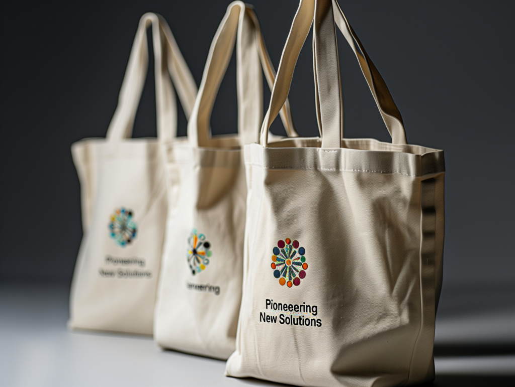 A canvas tote bag featuring a colorful logo and the phrase “Pioneering New Solutions,” showcasing conventional B2B design.