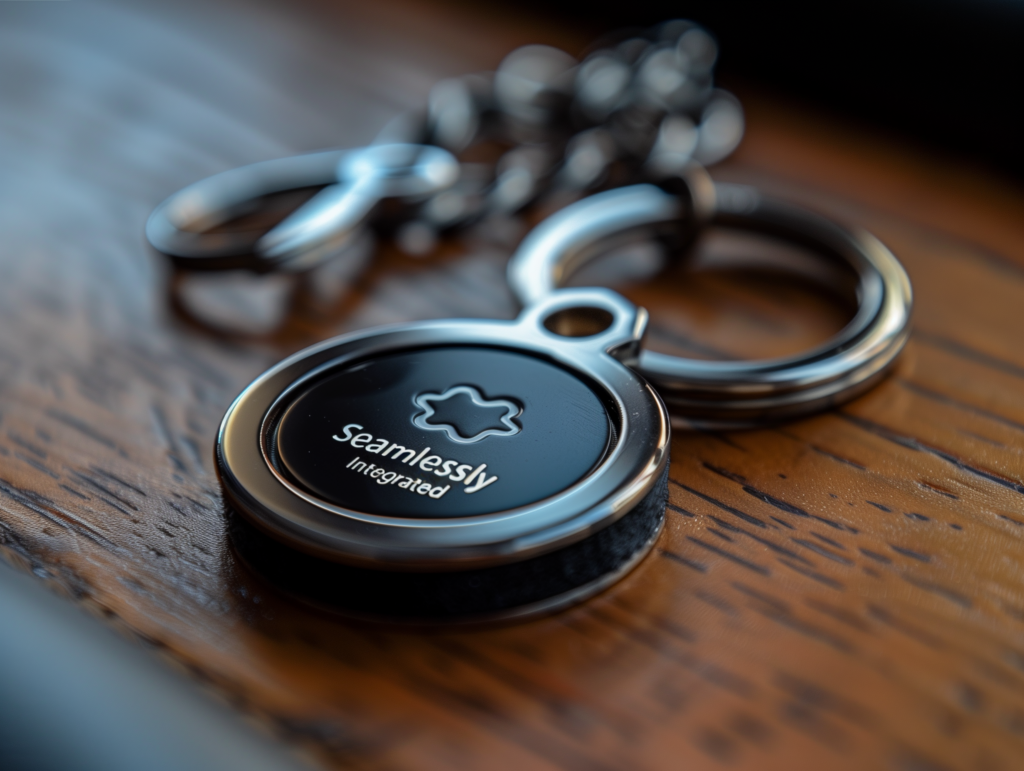 A sleek keychain with the phrase “Seamlessly Integrated” printed on it, representing cliché B2B branding.