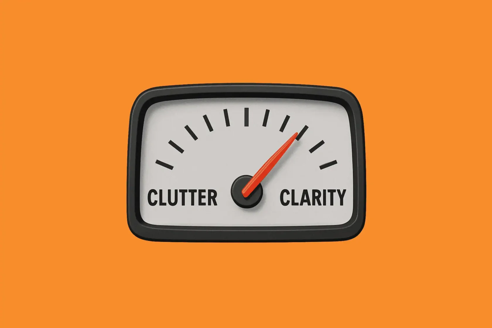Illustration of a gauge shifting from “Clutter” to “Clarity,” symbolizing a spring reset for improved workflows