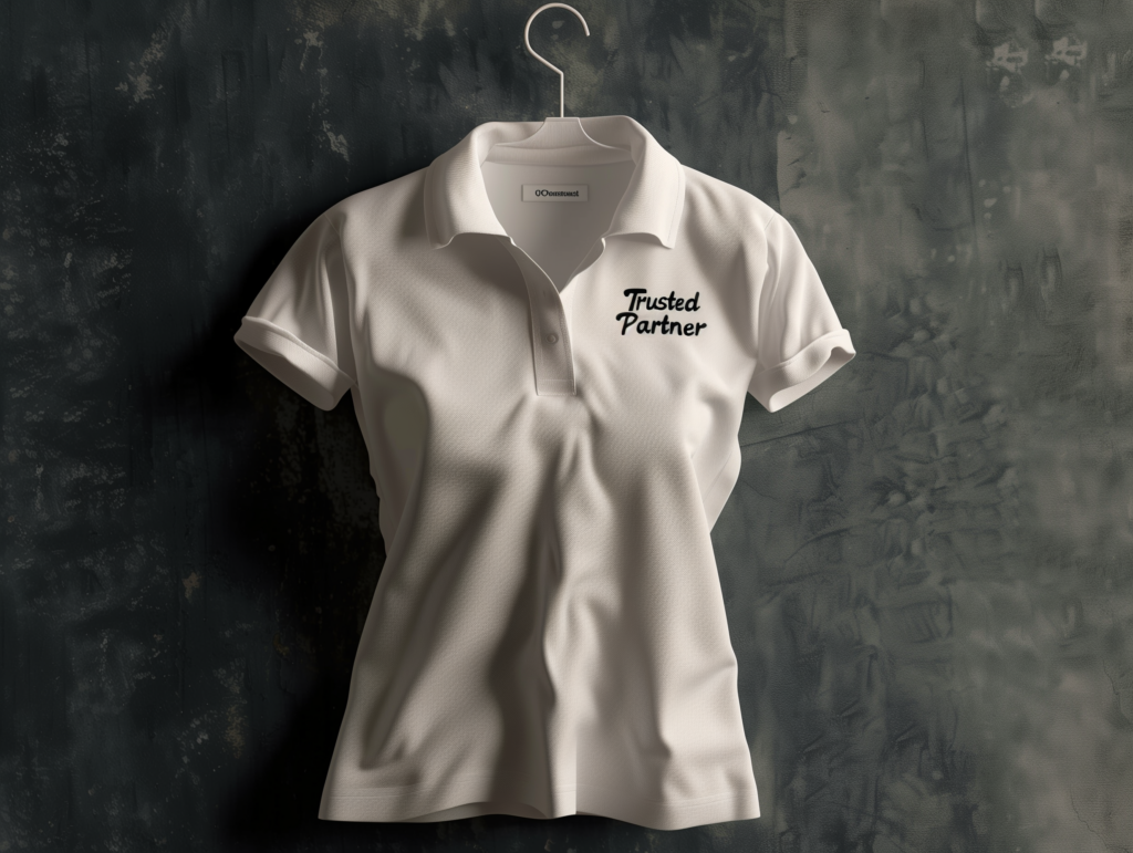 A white polo shirt with the phrase “Trusted Partner” printed on the chest, highlighting the typical B2B branding language.