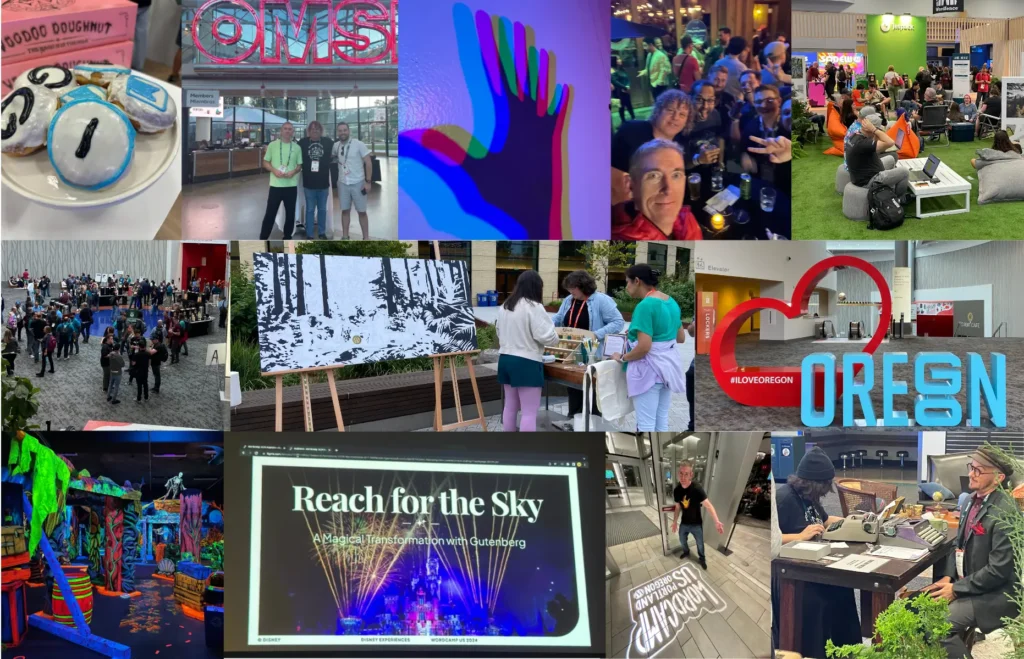 Collage featuring key moments from WordCamp 2024 sessions, including speakers presenting on stage, audience engagement, and slides showcasing WordPress innovations from companies like Disney and CNN Brazil.