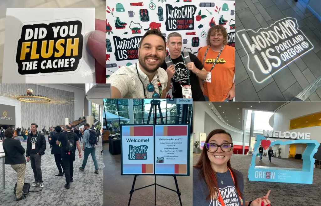 Collage of Noble Studios team members at WordCamp 2024, showing their involvement in Contributor Day, social events, and interactions with other WordPress professionals. Includes images of code collaboration and the Community Art Piece.