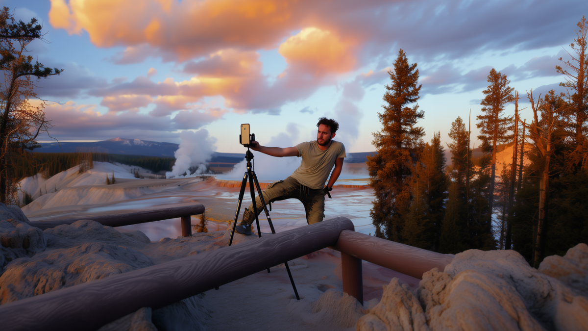 Biracial man posing for a selfie with a smartphone and tripod at Yellowstone National Park during golden hour, with geysers steaming in the background. Scene parodies influencer thirst trap culture in a dramatic natural setting.