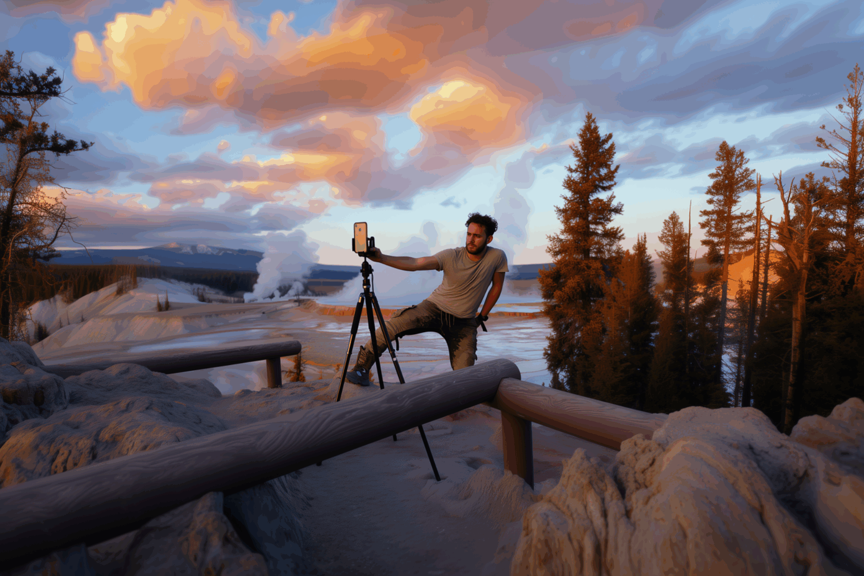 Biracial man posing for a selfie with a smartphone and tripod at Yellowstone National Park during golden hour, with geysers steaming in the background. Scene parodies influencer thirst trap culture in a dramatic natural setting.